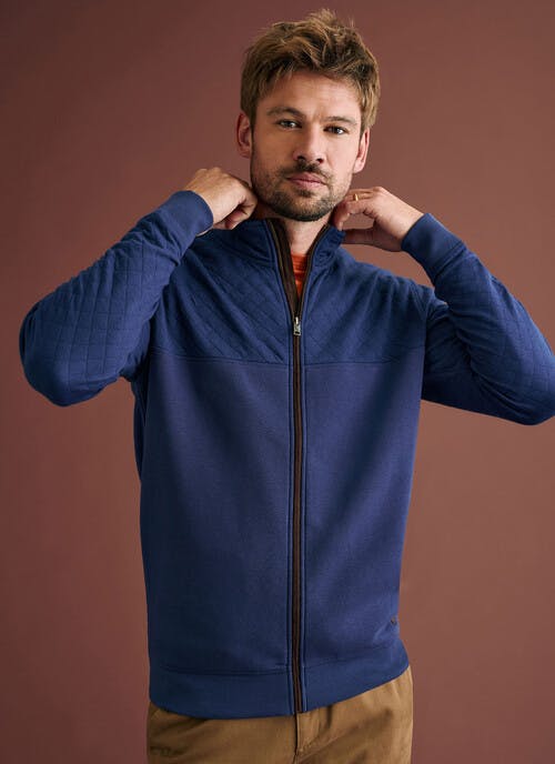 Cotton Blend Quilted Yoke Zip Up Sweatshirt