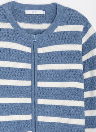 Pure Cotton Stripe Crew Neck Zip Up Cardigan