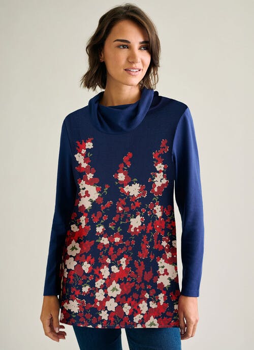 Warm Handle Cowl Neck Border Print Top