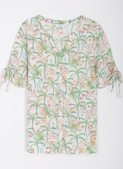 Textured Tie Sleeve Printed Blouse