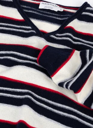 Navy Cashmere Stripe V Neck Jumper