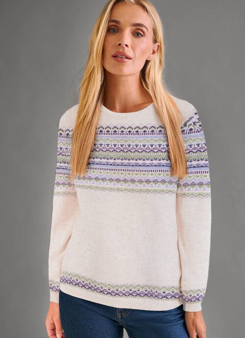 Pure Cashmere Yoke Fairisle Crew Neck Jumper