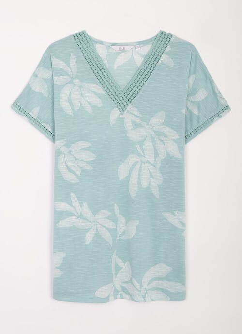 Lace Trim V Neck Printed T-Shirt