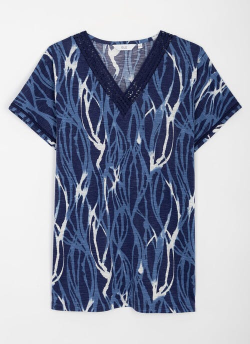 Lace Trim V Neck Printed T-Shirt
