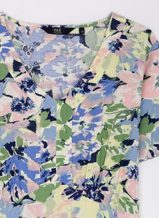 V Neck Linen Blend Print Dress