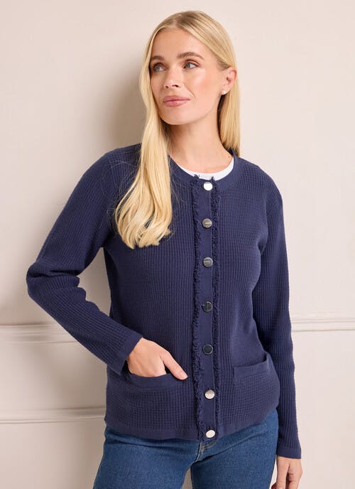 Fringe Trim Textured Cardigan