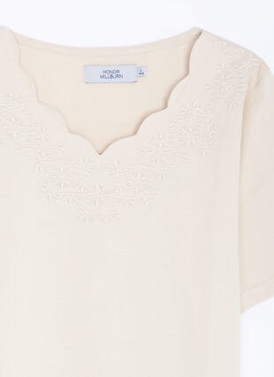 Pure Cotton Embroidered Scallop Neck T-Shirt