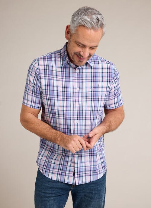 Cotton Blend Short Sleeve Check Shirt