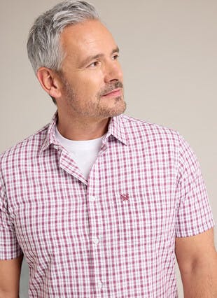 Cotton Blend Seersucker Short Sleeve Check Shirt