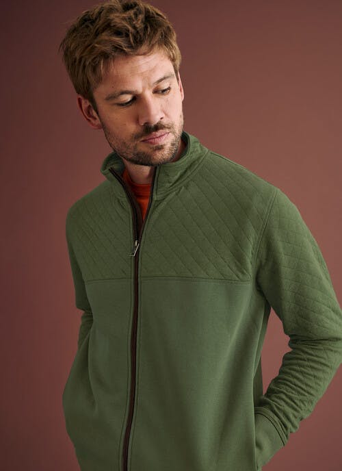 Cotton Blend Quilted Yoke Zip Up Sweatshirt