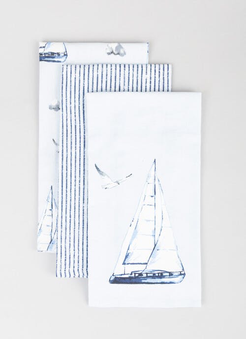 Sailing Boats Printed Cotton 3-Pack Tea Towels