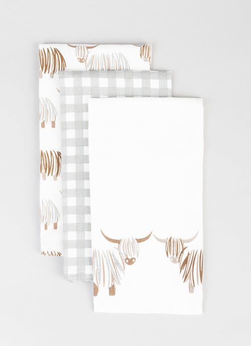 Highland Cow Printed Cotton 3-Pack Tea Towels