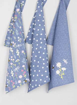 Bee Floral Printed Cotton 3-Pack Tea Towels