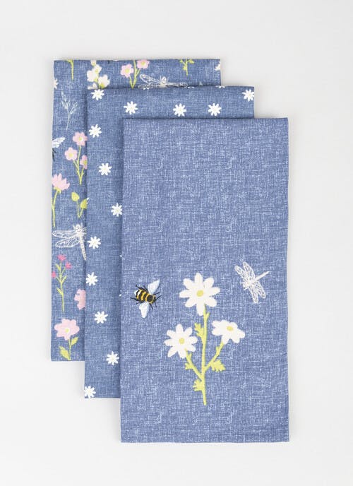 Bee Floral Printed Cotton 3-Pack Tea Towels