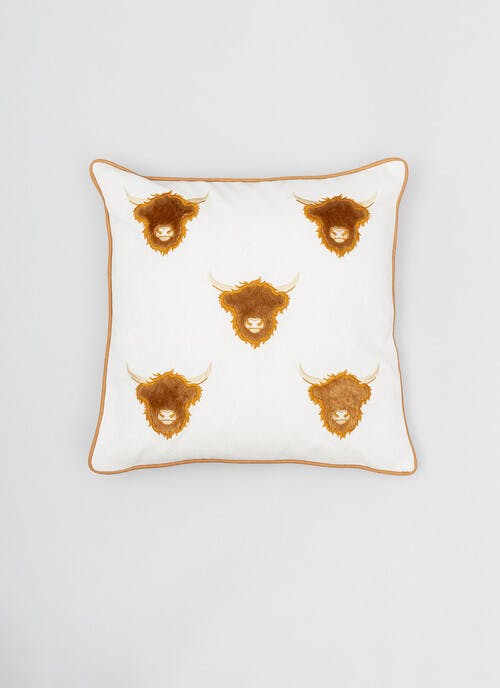 Highland Cow Applique Natural Cushion