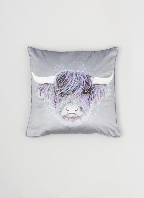 Hadley The Highland Cow Printed Velvet Grey Cushion