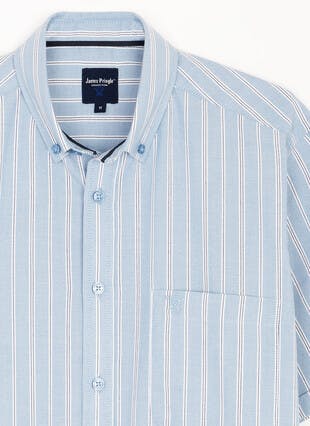 Cotton Blend Oxford Short Sleeve Stripe Shirt