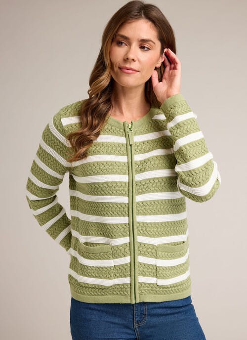 Pure Cotton Stripe Crew Neck Zip Up Cardigan