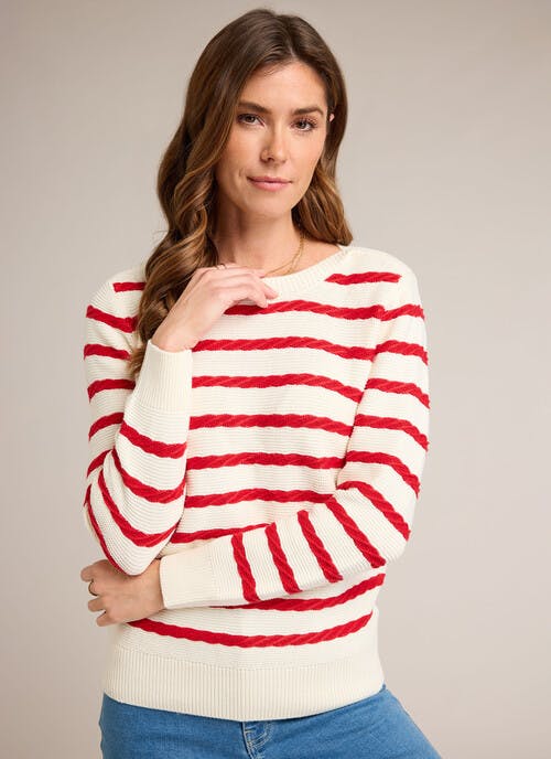 Cotton Blend Striped Boat Neck Jumper
