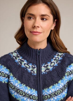 Fairisle Cable Yoke Funnel Neck Cardigan