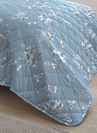 Willa Floral Print Easy Care Blue Quilted Bedspread