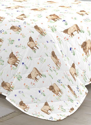 Ailsa Highland Cow Print Easy Care Natural Quilted Bedspread