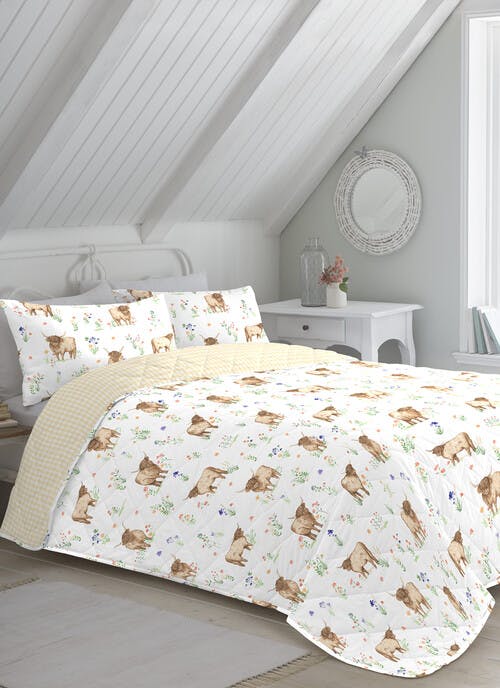 Ailsa Highland Cow Print Easy Care Natural Quilted Bedspread