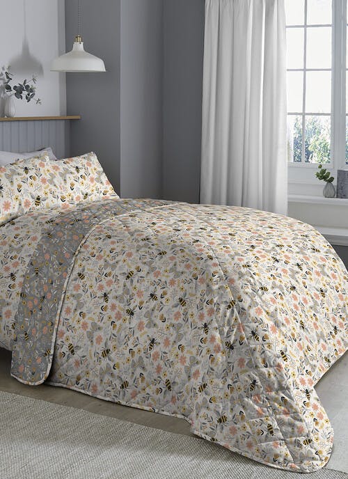 Izzy Bee Print Easy Care Ochre Quilted Bedspread