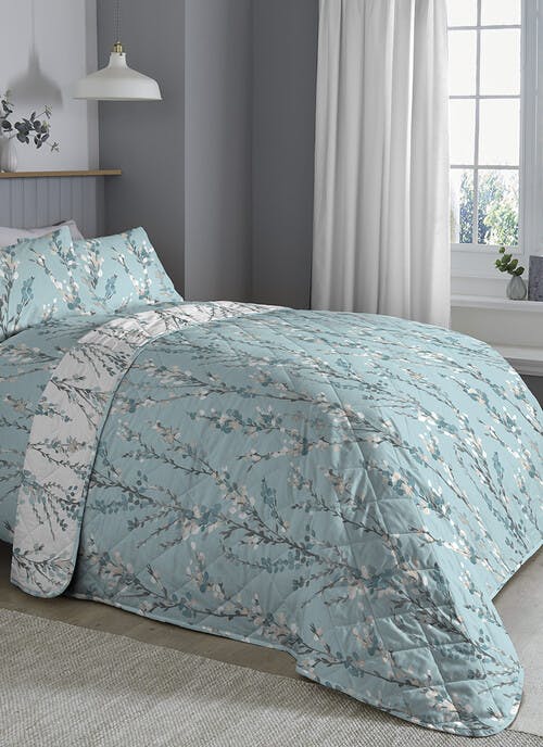 Blossom Floral Print Easy Care Turquoise Quilted Bedspread