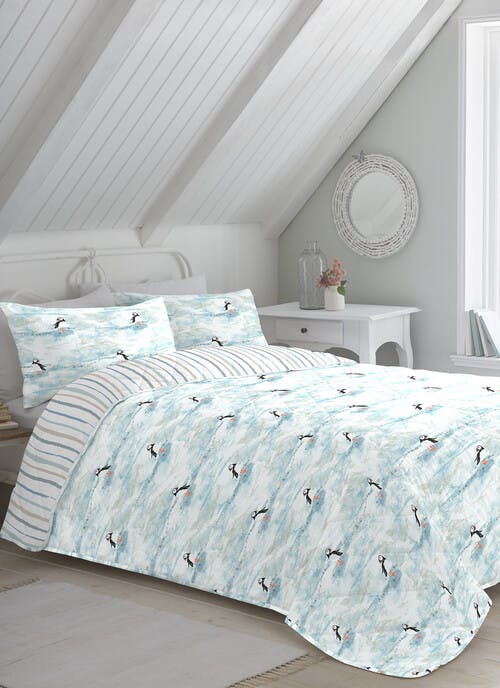 Maren Puffin Print Easy Care Blue Quilted Bedspread