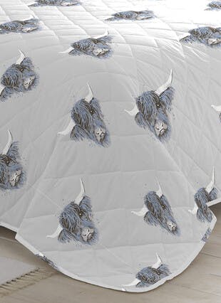 Hadley Highland Cow Print Easy Care Grey Quilted Bedspread