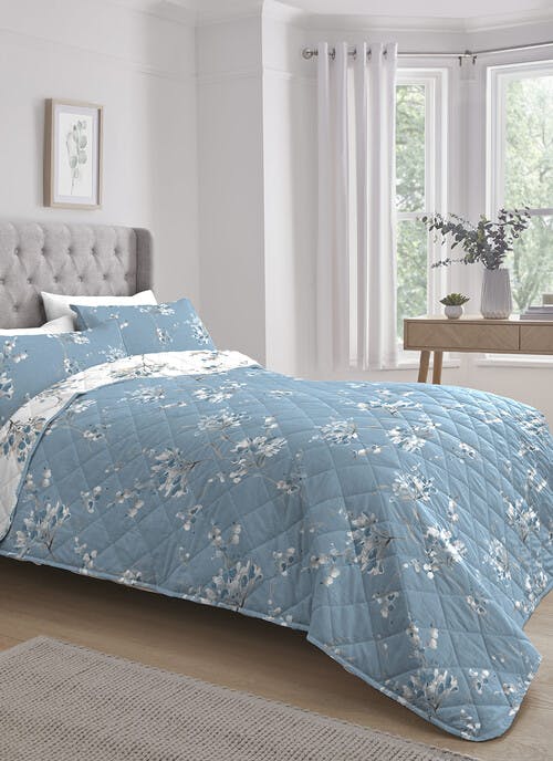 Willa Floral Print Easy Care Blue Quilted Bedspread