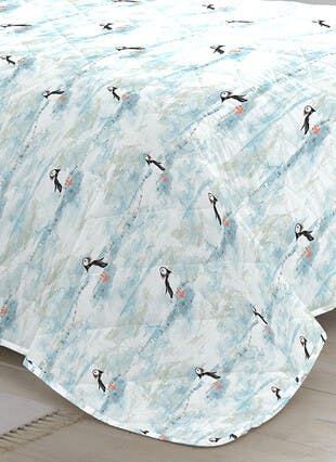 Maren Puffin Print Easy Care Blue Quilted Bedspread