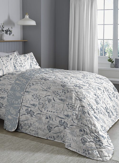 Blair Leafy Floral Print Easy Care Blue Quilted Bedspread