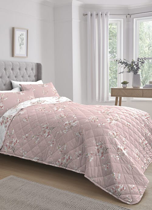 Willa Floral Print Easy Care Pink Quilted Bedspread