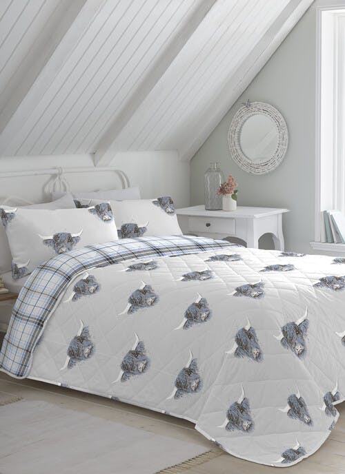 Hadley Highland Cow Print Easy Care Grey Quilted Bedspread