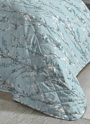 Blossom Floral Print Easy Care Turquoise Quilted Bedspread
