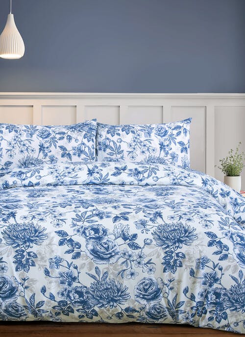 Etched Floral Print Soft Touch Blue Duvet Set