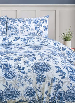 Etched Floral Print Soft Touch Blue Duvet Set