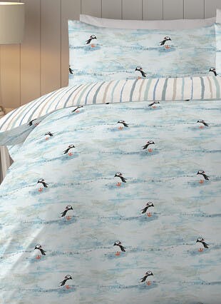 Maren Puffin Print Easy Care Blue Duvet Set