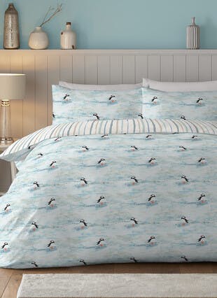 Maren Puffin Print Easy Care Blue Pillowcase Set