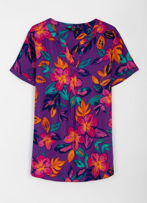 Notch Neck Caps Sleeve Print Top