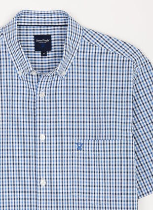 Pure Cotton Button Down Seersucker Short Sleeve Check Shirt