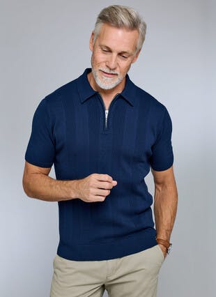 Cotton Rich Ribbed Zip Neck Knitted Polo Shirt