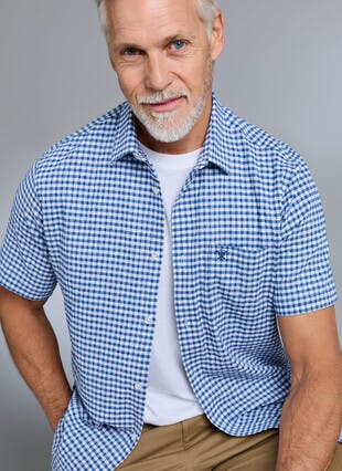 Linen Blend Seersucker Gingham Check Short Sleeve Shirt