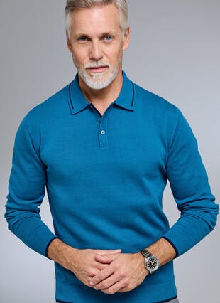 Cotton Rich Long Sleeve Tipped Knitted Polo Shirt