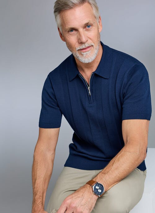 Cotton Rich Ribbed Zip Neck Knitted Polo Shirt