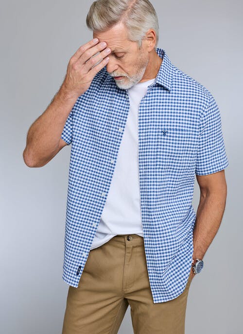 Linen Blend Seersucker Gingham Check Short Sleeve Shirt