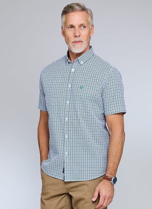 Pure Cotton Button Down Seersucker Short Sleeve Check Shirt