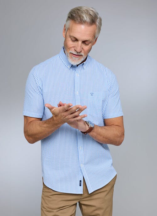 Pure Cotton Button Down Seersucker Short Sleeve Stripe Shirt